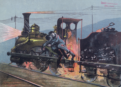 Fight between Jacques Lantier (1840-70) and Pecqueux on the train, Le Lison, scene from 'La Bete Humaine' by Emila Zola (1840-1902) illustration from 'Le Petit Rouennais' (litho)