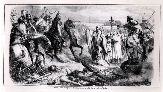St. Loup defending the city of Troyes against Attila the Hun (c.406-453) on his Horse, illustration from a history of France, 2nd half 19th century (engraving) (b/w photo)
