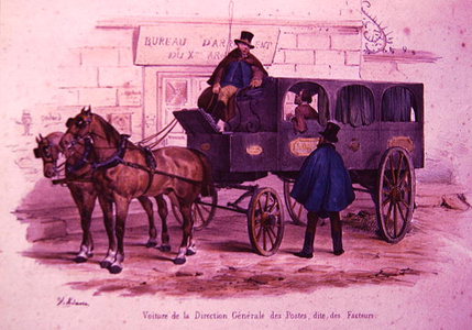 Carriage belonging to the Post Office Headquarters, also known as 'The Postmen's Carriage", Paris, 1800-50 (colour litho)