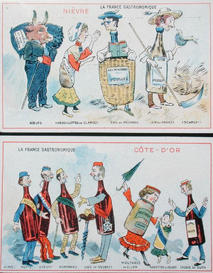 Educational cards for children depicting food specialities of the Nievre and Cote-d'Or Regions, c.1910 (colour litho)