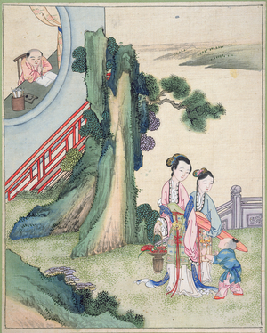 A man writing and his family by the side of a river (gouache on silk)