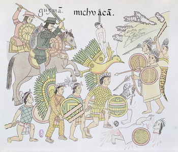 Battle of Michoacan between the Spanish and the Aztecs, illustration from a facsimile of a Mexican Indian picture history 'Lienzo de Tlaxcala' of c.1550, 1892 (colour litho)