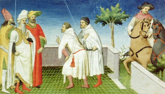 Nicolo, Marco and Matteo Polo taking leave of the Great Khan, Livre des Merveilles du Monde, c.1410-12 (tempera on vellum)