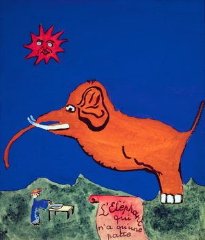 The Elephant with Only One Leg, illustration for the handwritten collection of poems 'La Menagerie de Tristan' by Robert Desnos, 1932 (gouache on paper)