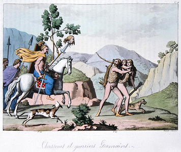 Germanic hunters and warriors, from 'Le Costume Ancien et Moderne' by Jules Ferrario, Milan, c.1820 (coloured engraving)