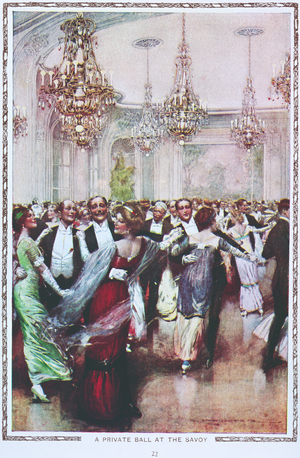 A private ball at the Savoy Hotel, London, early twentieth century (colour litho)