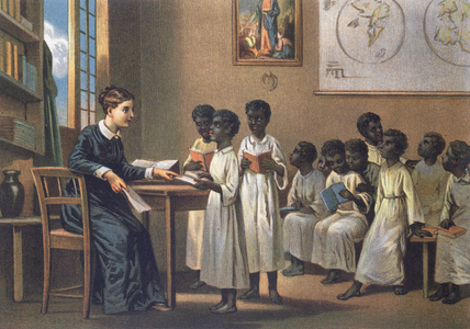 Teacher with pupils, 1880 (colour litho)