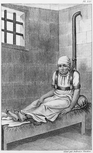 Chained insane at Bedlam, illustration from 'Des Maladies Mentales considerees sous le rapport medical, hygienique et medico-legal' by Etienne Esquirol (1772-1840) plate XXV, 1838 (engraving) (b/w photo)