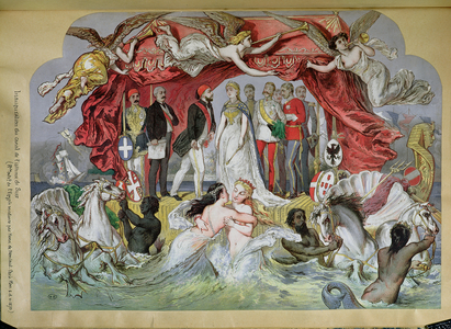 The Inauguration of the Suez Canal, allegory of the union of the Mediterranean and Red Seas, 1870 (colour litho)