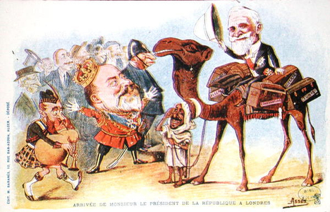 Caricature of the arrival of President of the French Republic, Emile Loubet (1838-1929) in London in 1903 (colour litho)