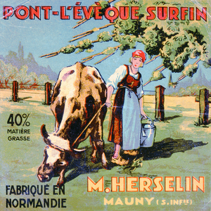 Label for 'Pont-L'Eveque' cheese made by the cheesemaker M. Herselin, early 20th century (colour litho)