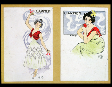 Two postcards depicting Carmen, from the opera of the same name, c.1900 (colour litho)