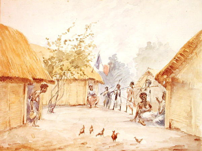 Village in Madagascar at the time of its conquest by France in 1895-96 (w/c on paper)