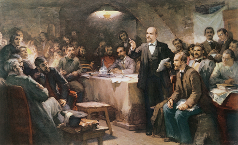 The Intervention of Vladimir Lenin (1870-1924) at the 2nd Congress of the R.S.D.R.P. in 1903 (colour litho)