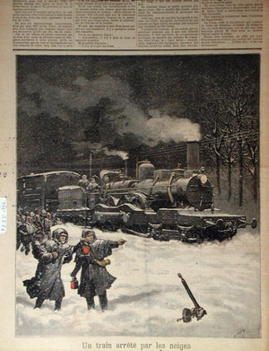 Train blocked by snow, from 'le Petit Journal', 1892 (colour litho)