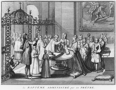 Priest baptising, illustration from 'Religious Ceremonies and Customs of all the nations of the world', published Amsterdam, 1723 (engraving) (b/w photo)
