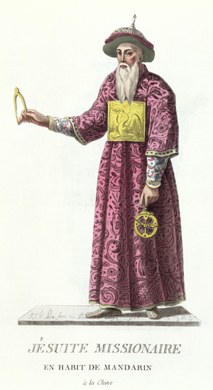 Jesuit Missionary in Mandarin Costume, from 'Receuil de Tous Les Costumes des Ordres Religieux et Militaires', published 1785 (coloured engraving)