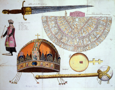 The Coronation Regalia of Hungary, 1790 (colour engraving)