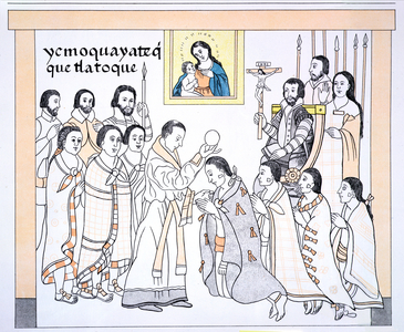 Caciques receiving communion from a priest in the house of Hernando Cortes (1485-1547), illustration from a facsimile of a Mexican Indian picture history 'Lienzo de Tlaxcala' of c.1550, 1892 (colour litho)