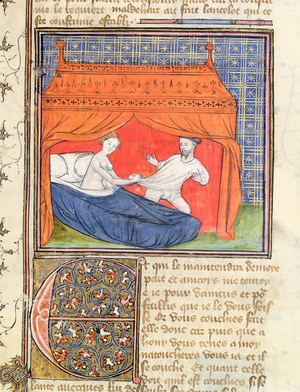 Ms 3480 Lancelot attempting to escape from a woman in a bed, from the Livre de Messire Lancelot du Lac (vellum)