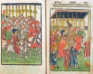 Arrival of the antipope John XXIII (c.1370-1419) at the Council of Constance in 1414, 1483 (coloured wood engraving)