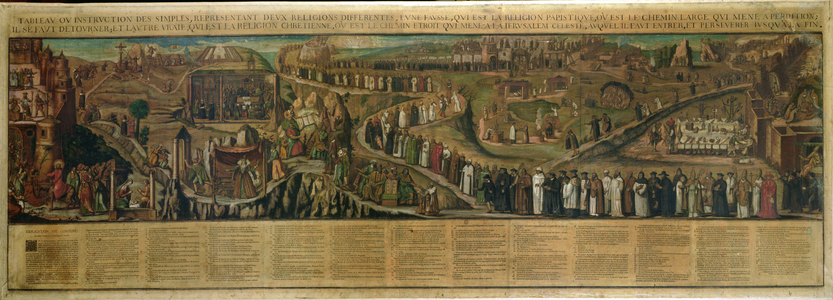 The Two Paths of Religion, depiction of the divide between Protestantism and Catholicism (coloured engraving) (see also 174605 and 174606)
