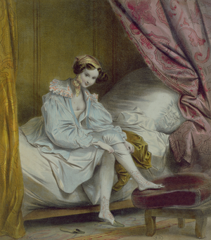 Woman putting on stockings, c.1830 (colour litho)