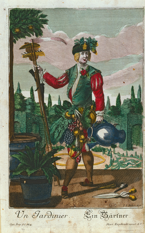 A gardener, allegorical representation, c.1735 (colour litho)