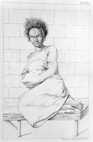 Woman in a straitjacket, illustration for 'Des Maladies Mentales considerees sous le rapport medical, hygienique et medico-legal', by Etienne Esquirol (1772-1840), 1838 (engraving) (b/w photo)
