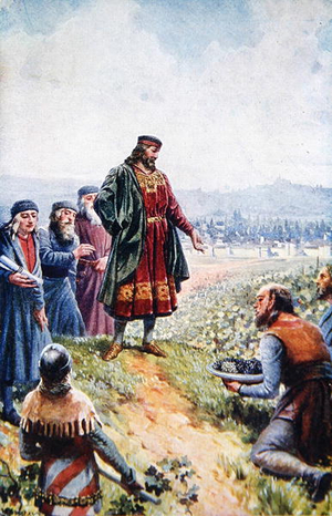 Charles IV inspecting grapes during his encouragement of Wine making in Bohemia, early twentieth century (colour litho)