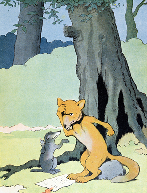 Grimbeau the Badger and Renard the Fox, illustration from 'Le Roman de Renard', c.1900 (colour litho)