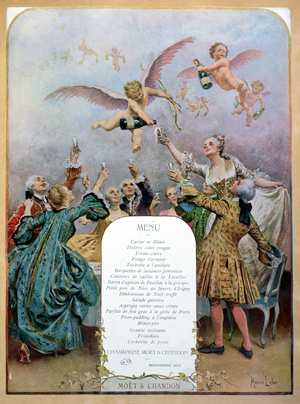 Ritz Restaurant menu, depicting a group of elegant 18th century men and women drinking champagne served by cherubs, 1910 (colour litho)
