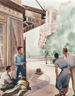 Resistance fighters lying in wait on the corner of Rue de la Huchette, August 1944 (w/c on paper)
