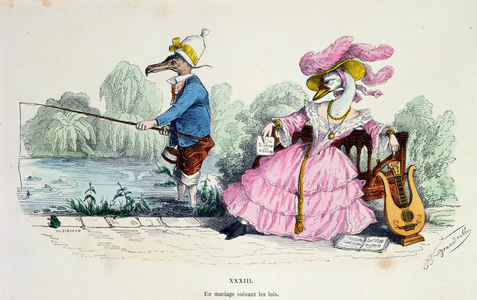 Marriage by the Book, caricature from 'Les Metamorphoses du Jour' series, reprinted in 1854 (coloured engraving) (see also 213938)