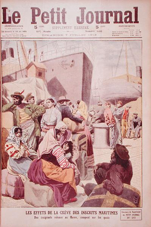Immigrants Camp Out on the Quays at Le Havre during the Maritime Strike, from the front cover of 'Le Petit Journal', 7th July, 1912 (colour litho)