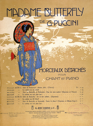 Front cover of a score sheet for extracts from 'Madame Butterfly' by Giacomo Puccini (1858-1924) 1906 (colour litho)
