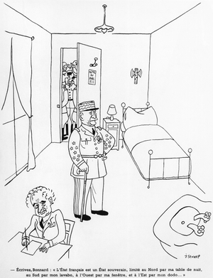 Marshal Philippe Petain (1856-1951) at Vichy, caricature from the album 'Dans l'honneur et la dignite, Souvenirs de Vichy' (pen & ink on paper) (b/w photo)