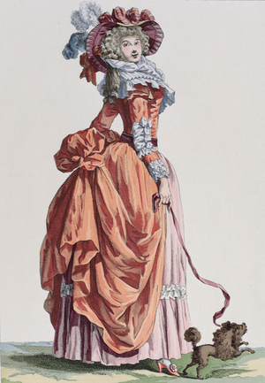 Elegant Woman with her doggie, fashion plate from 'Galerie des Modes et Costumes Francais', engraved by Bacquoy (colour engraving)