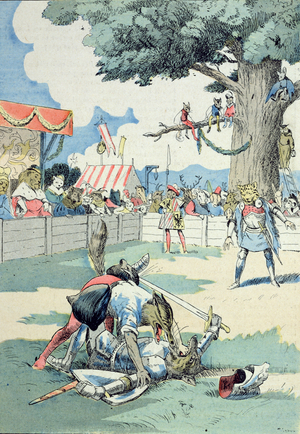 The Battle between Renard and Ysengrin, from 'The Adventures of Master Renard' by G. Le Cordier, c.1900 (colour litho)