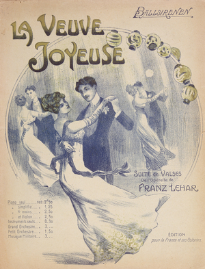 Cover of the score sheet for 'La Valse Ballsirenen' from 'The Merry Widow' by Franz Lehar (1870-1948) (colour litho)