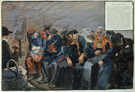 A third class railway carriage in Brittany, France (colour litho)