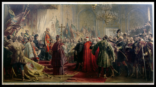 Emperor Franz Joseph I (1830-1916) and Empress Elizabeth (1837-98) in Budapest, 8th July 1896 (colour litho)