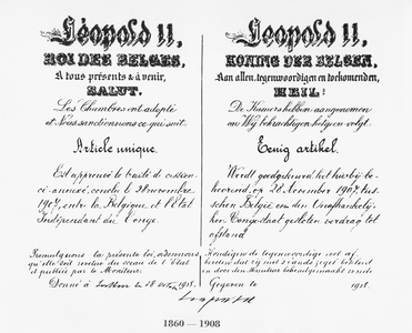 Signature of King Leopold II (1835-1909) approving the annexation of Congo to Belgium, 1908 (pen & ink on paper) (b/w photo)