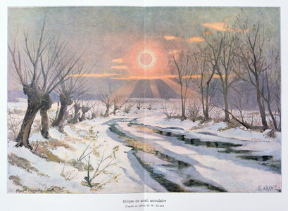 Annular eclipse of the sun, illustration from 'L'Univers et l'Humanite' by H. Kraemer (colour litho)