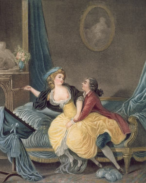 'The Broken Fan', end eighteenth century (colour engraving)