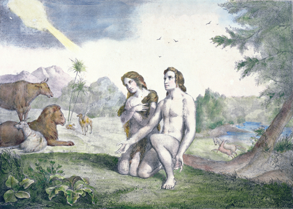 Adam and Eve in the Garden of Eden, late 19th century (colour engraving)