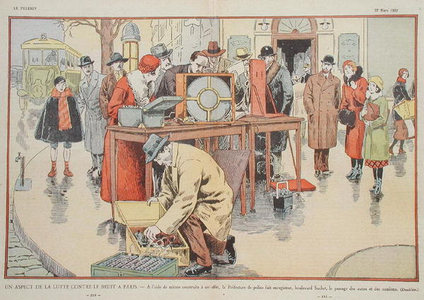 Measuring the sound levels in Paris, from 'Le Pelerin', 12th March 1933 (coloured engraving)