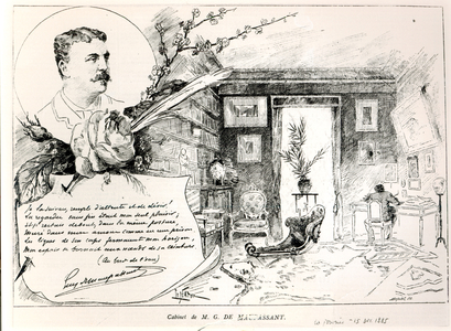Guy de Maupassant (1850-93) and his Study (engraving) (b/w photo)
