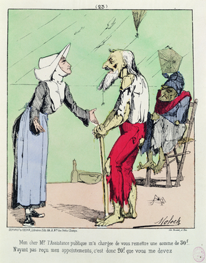Cartoon criticising the Assistance Publique during the Commune, 1871 (colour litho)