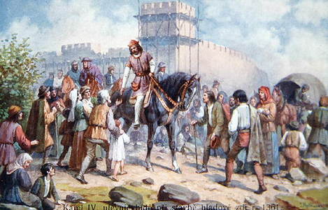 Charles IV greeting ordinary people during his expansion of fortifications of Prague in 1361, early twentieth century postcard (colour litho)